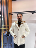 Men’s Jacket with Detachable Rabbit Fur Hood and Suede Details M-900