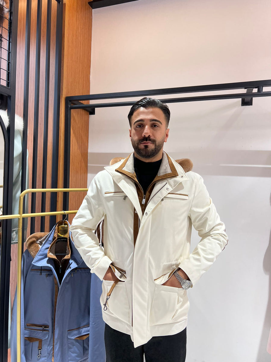 Men’s Jacket with Detachable Rabbit Fur Hood and Suede Details M-900