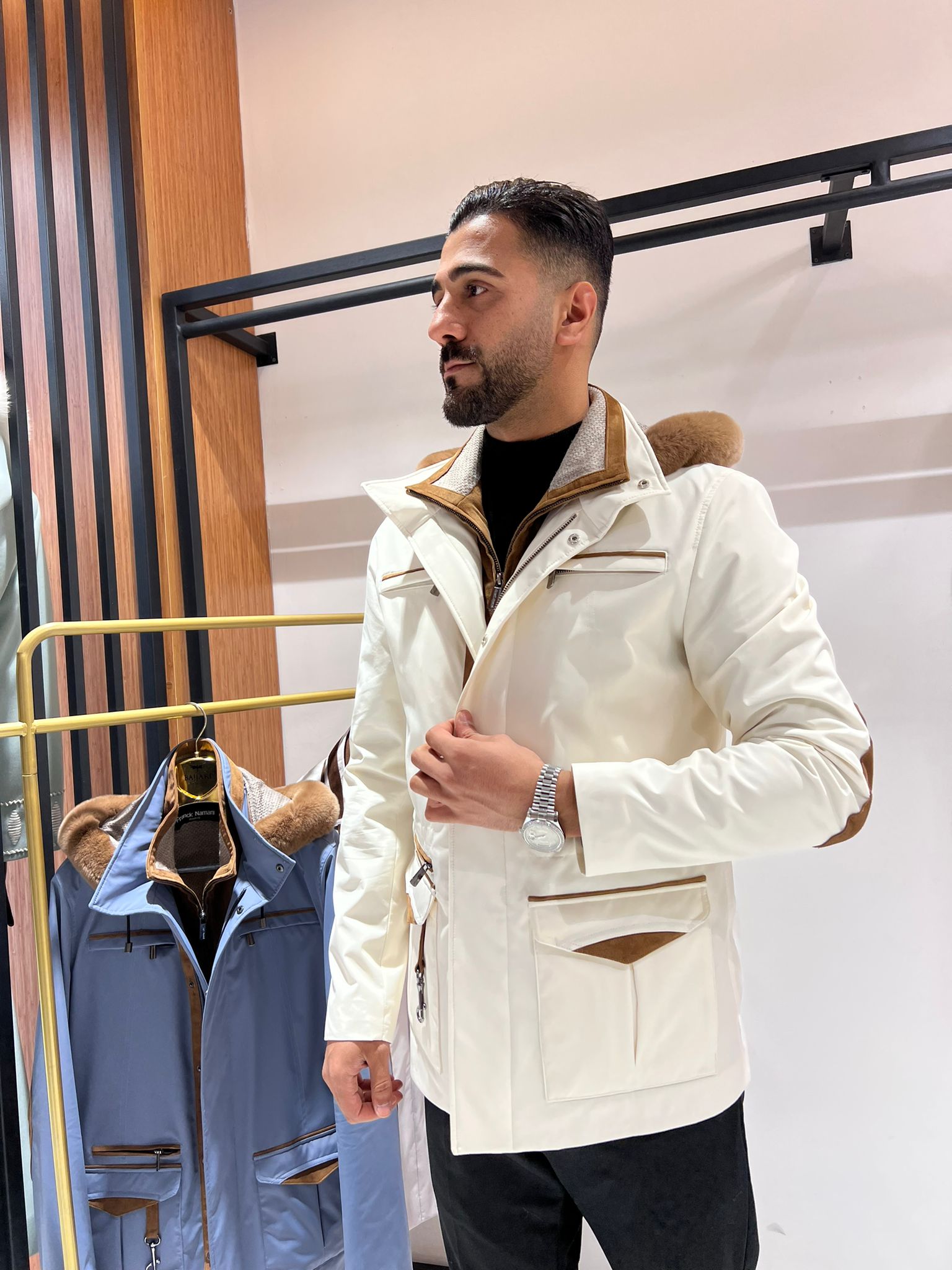 Men’s Jacket with Detachable Rabbit Fur Hood and Suede Details M-900