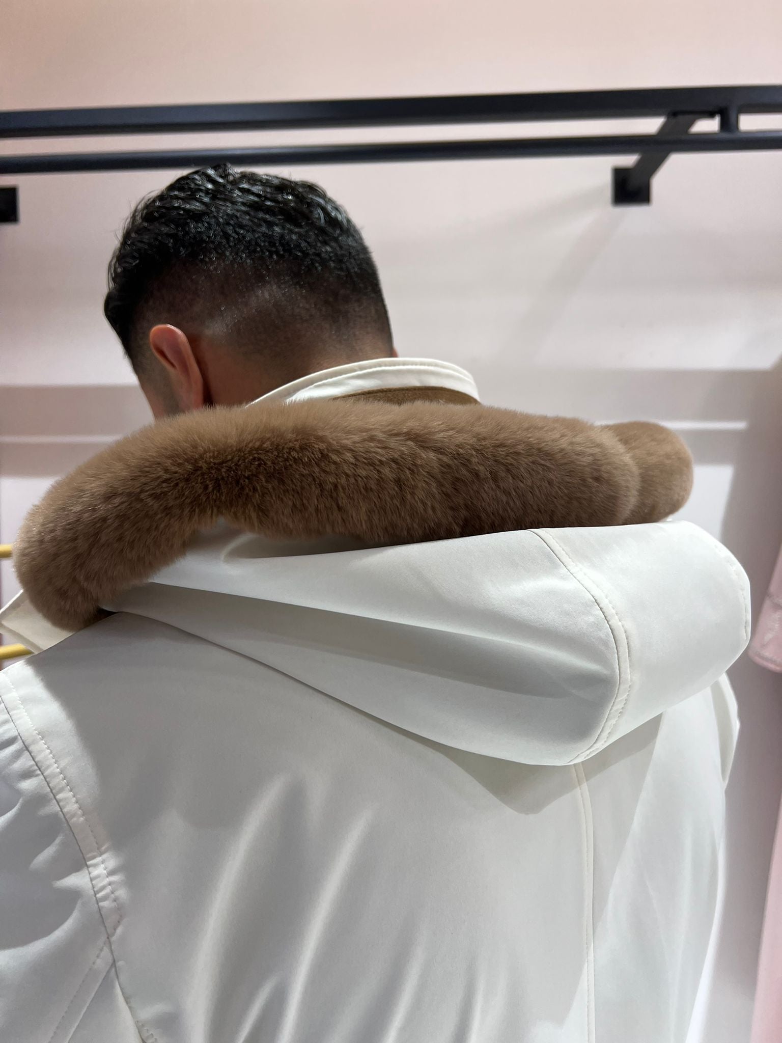 Men’s Jacket with Detachable Rabbit Fur Hood and Suede Details M-900