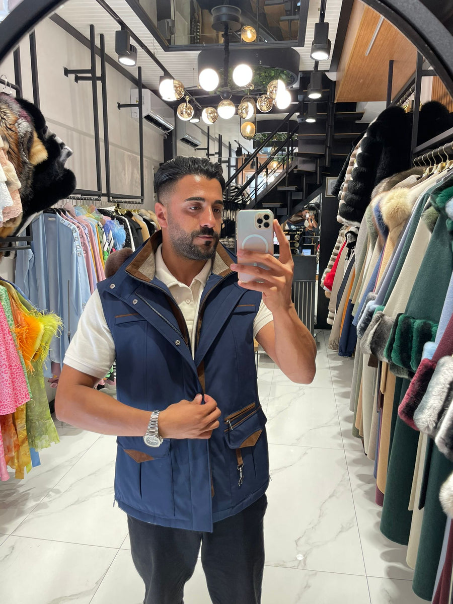 Men’s Waterproof Vest with Hood, Rabbit Fur, and Suede Details M-902