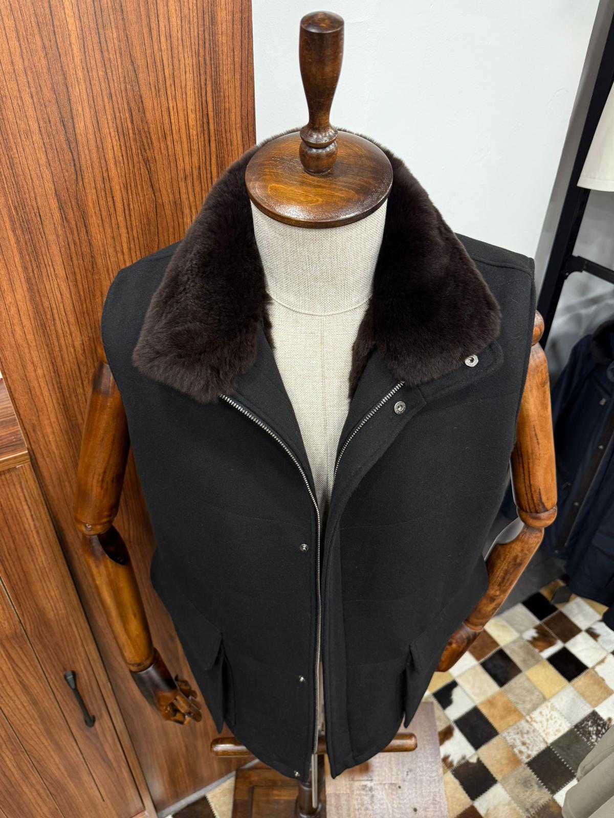 Cashmere Men's Vest with Real Rabbit Fur Trim