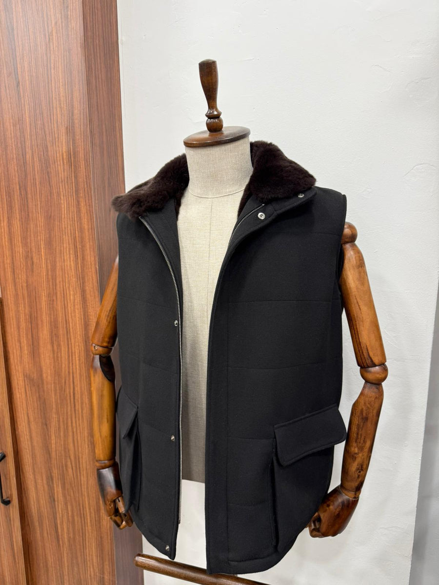 Cashmere Men's Vest with Real Rabbit Fur Trim