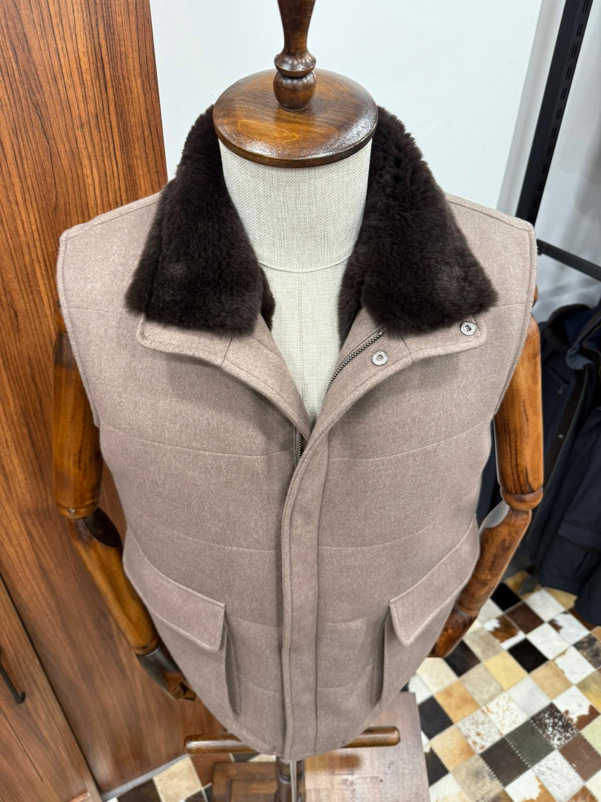 Cashmere Men's Vest with Real Rabbit Fur Trim