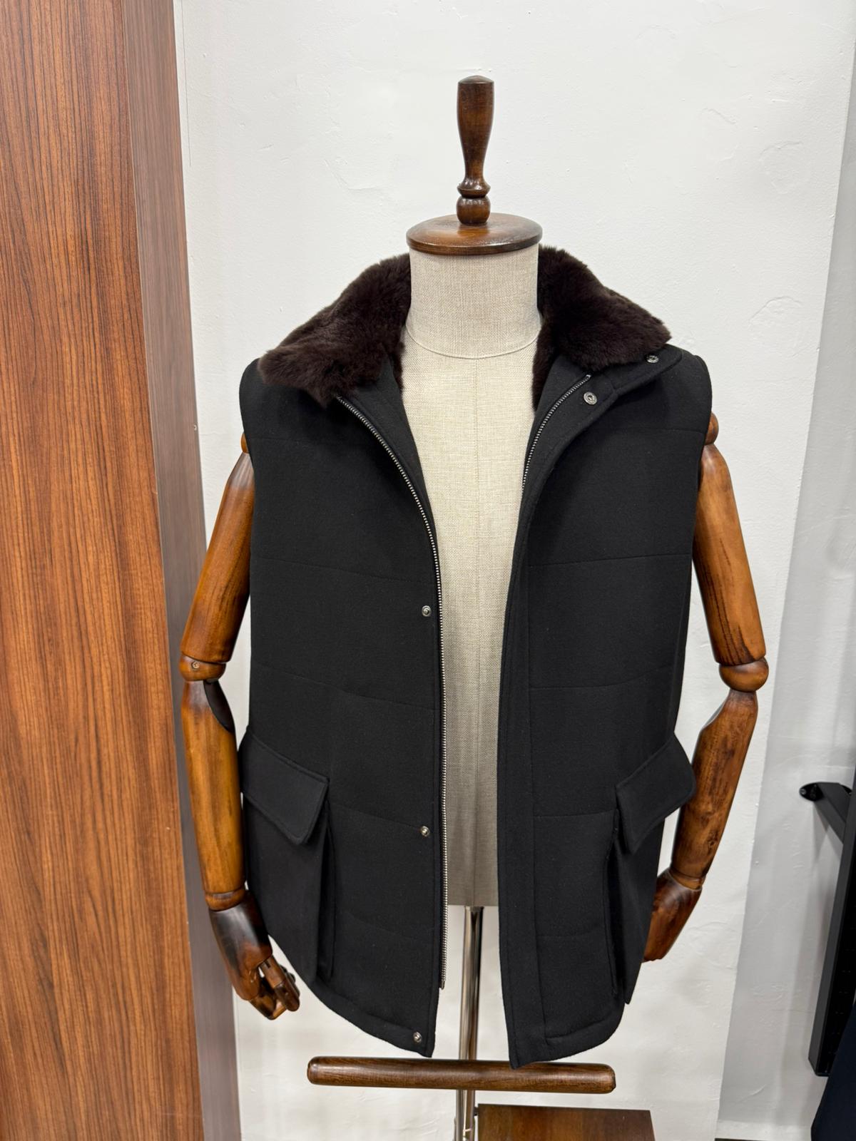 Cashmere Men's Vest with Real Rabbit Fur Trim