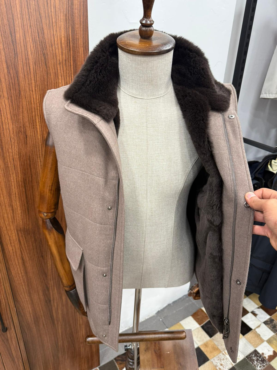 Cashmere Men's Vest with Real Rabbit Fur Trim