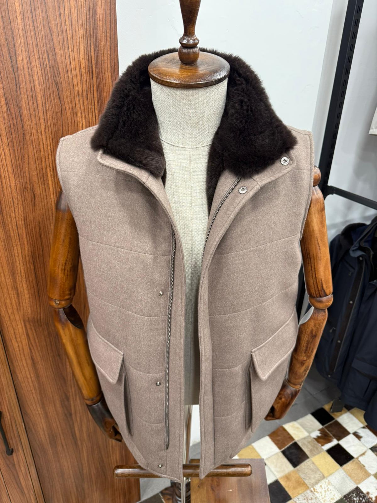 Cashmere Men's Vest with Real Rabbit Fur Trim