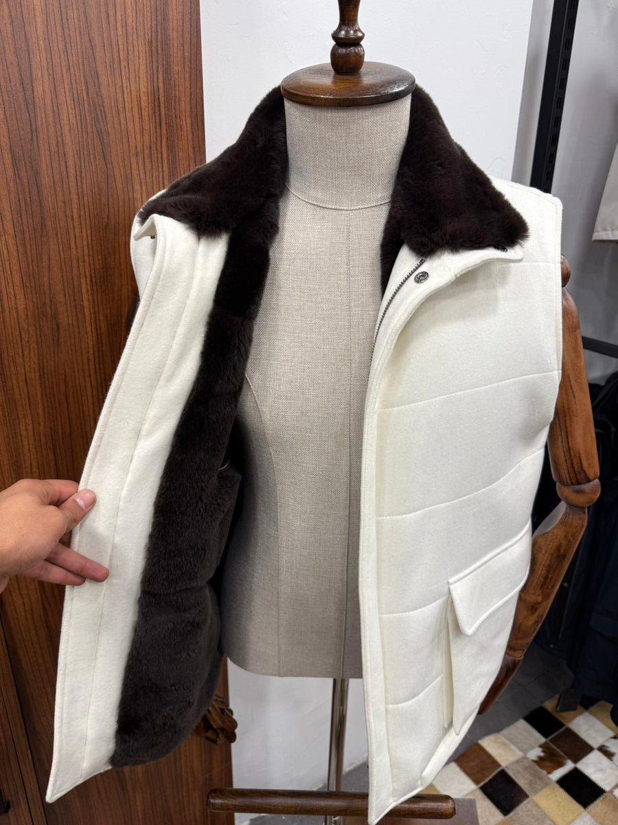 Cashmere Men's Vest with Real Rabbit Fur Trim