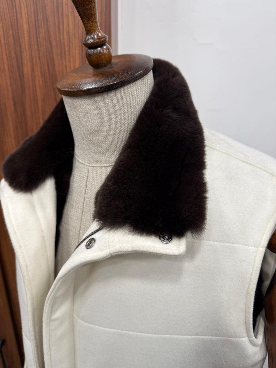 Cashmere Men's Vest with Real Rabbit Fur Trim