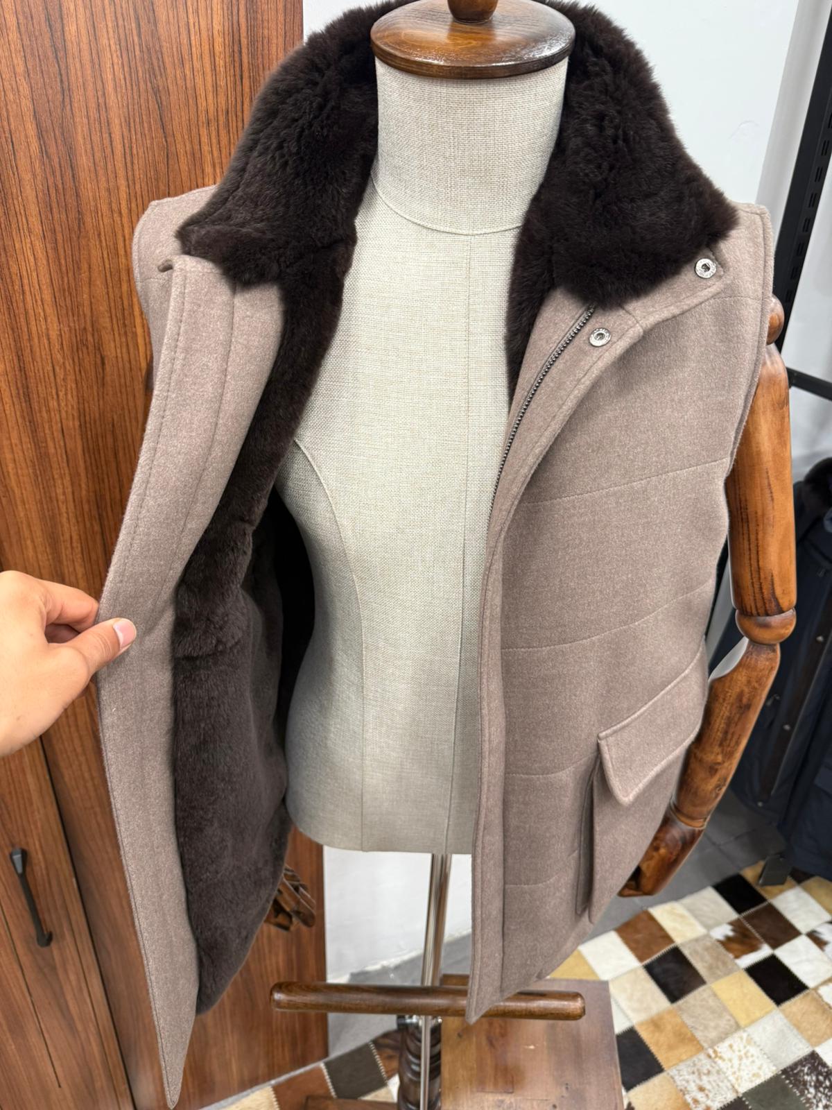 Cashmere Men's Vest with Real Rabbit Fur Trim