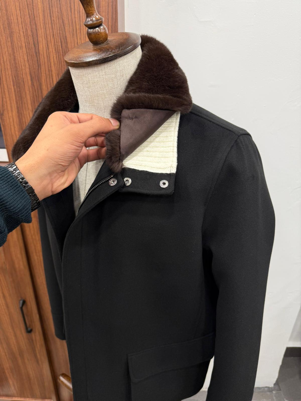 Removable Collar Rabbit Rex Fur Trimmed Cashmere Men's Jacket