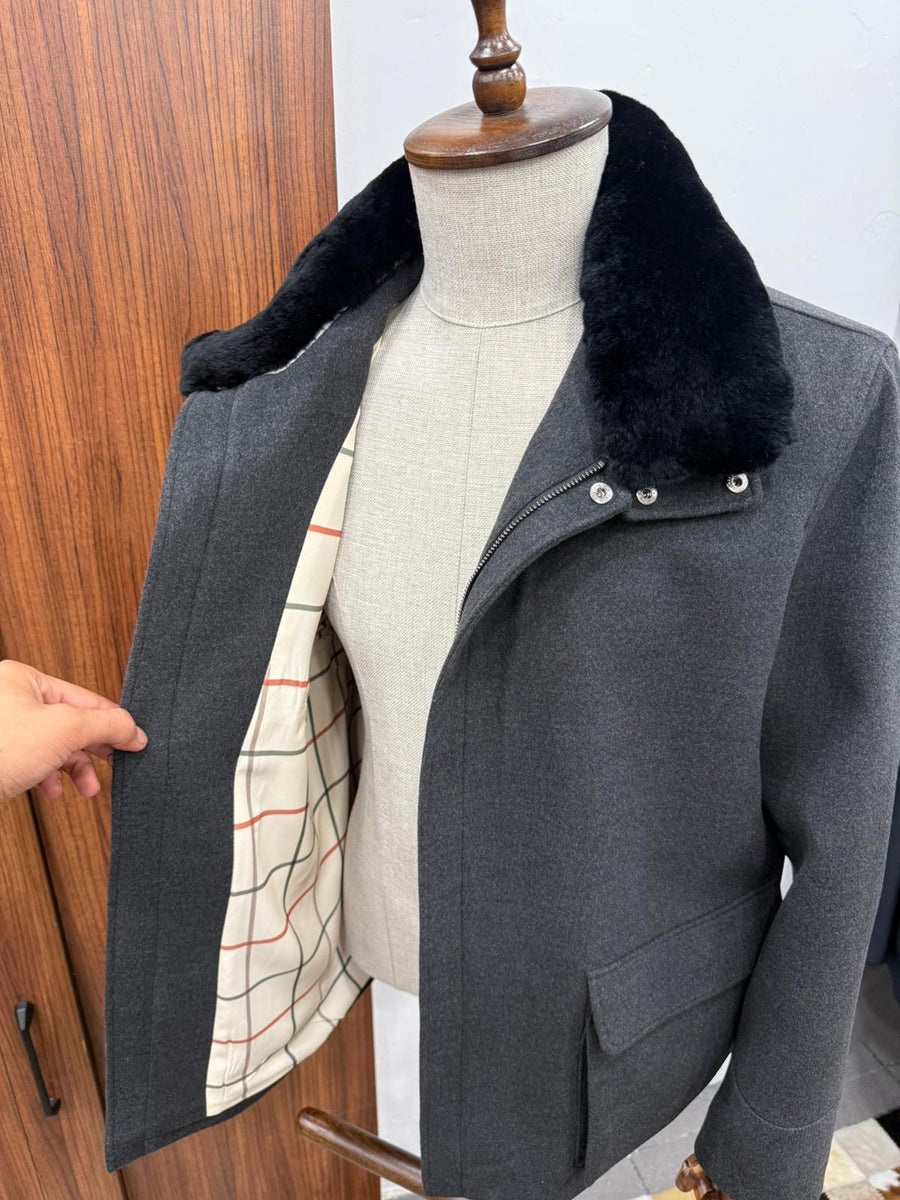 Removable Collar Rabbit Rex Fur Trimmed Cashmere Men's Jacket