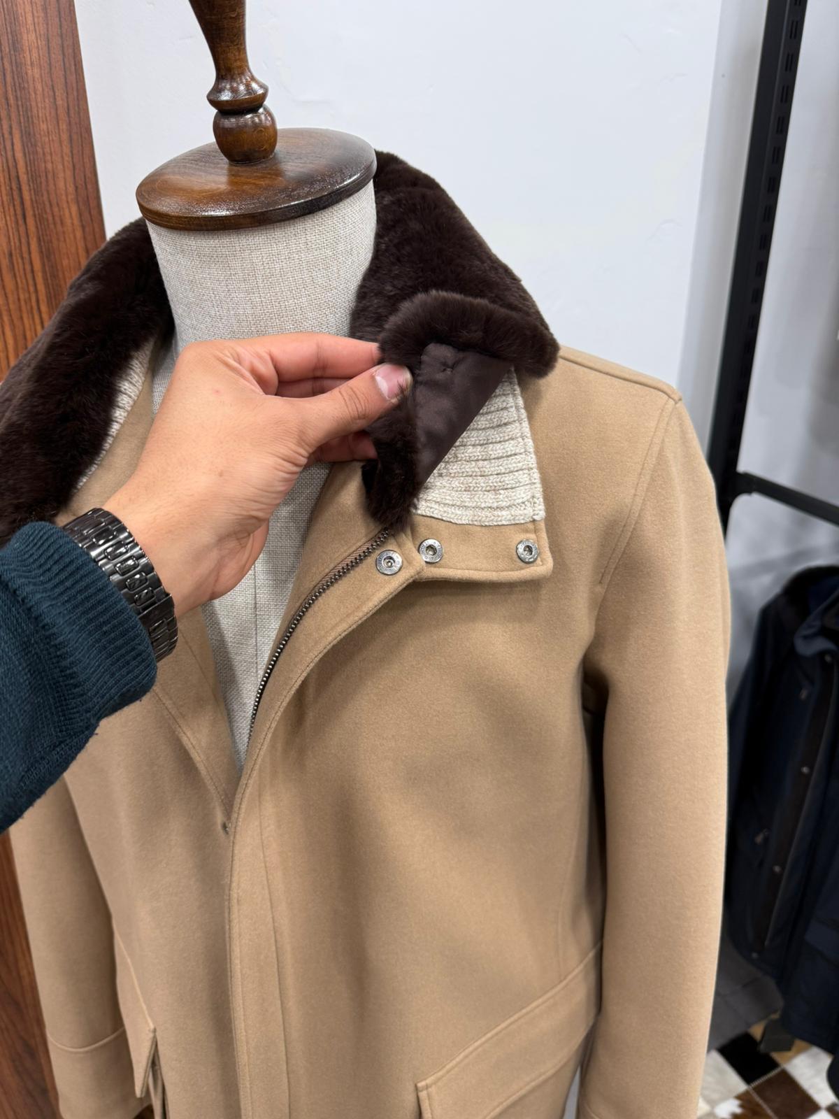 Removable Collar Rabbit Rex Fur Trimmed Cashmere Men's Jacket