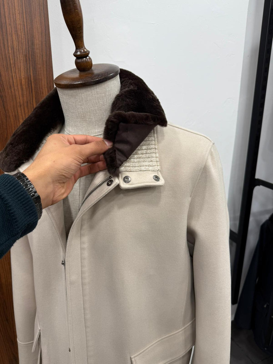 Removable Collar Rabbit Rex Fur Trimmed Cashmere Men's Jacket