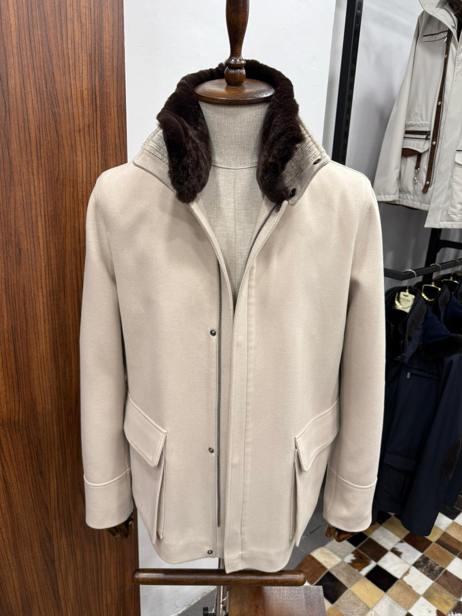 Removable Collar Rabbit Rex Fur Trimmed Cashmere Men's Jacket