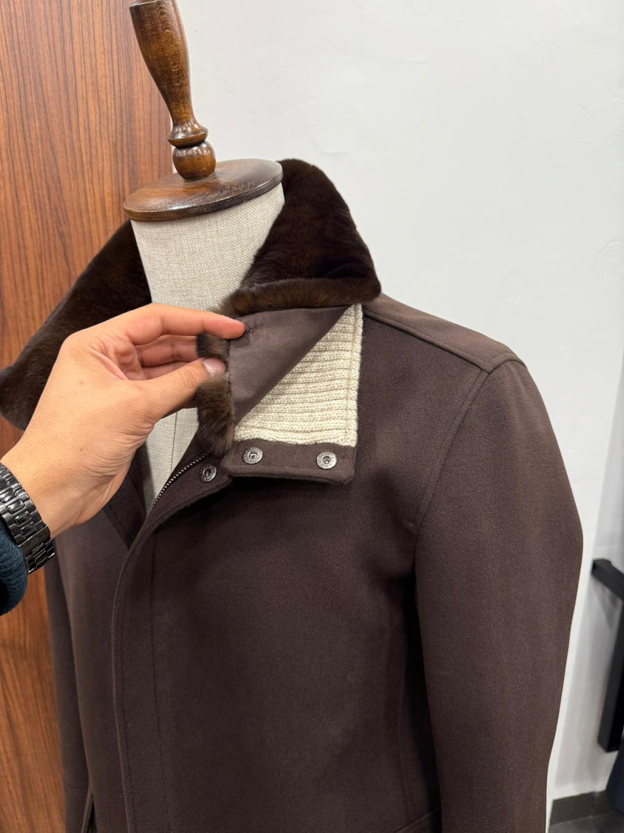 Removable Collar Rabbit Rex Fur Trimmed Cashmere Men's Jacket