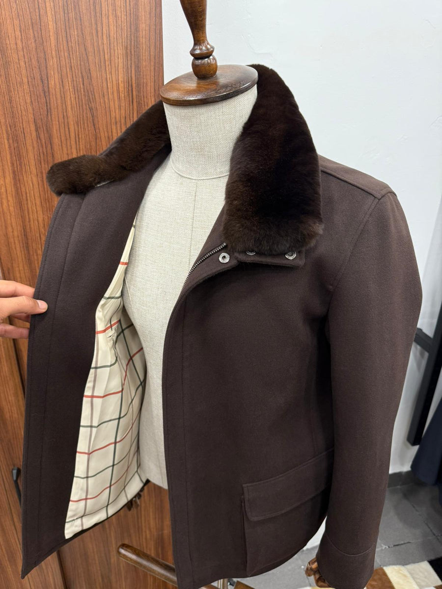 Removable Collar Rabbit Rex Fur Trimmed Cashmere Men's Jacket