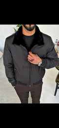 Men's Jacket with Fur Lined Interior, Knitted Fabric Sleeves and Waterproof Fabric