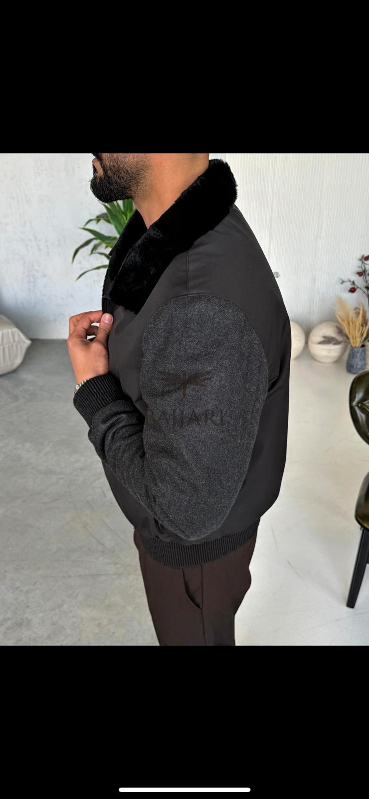 Men's Jacket with Fur Lined Interior, Knitted Fabric Sleeves and Waterproof Fabric