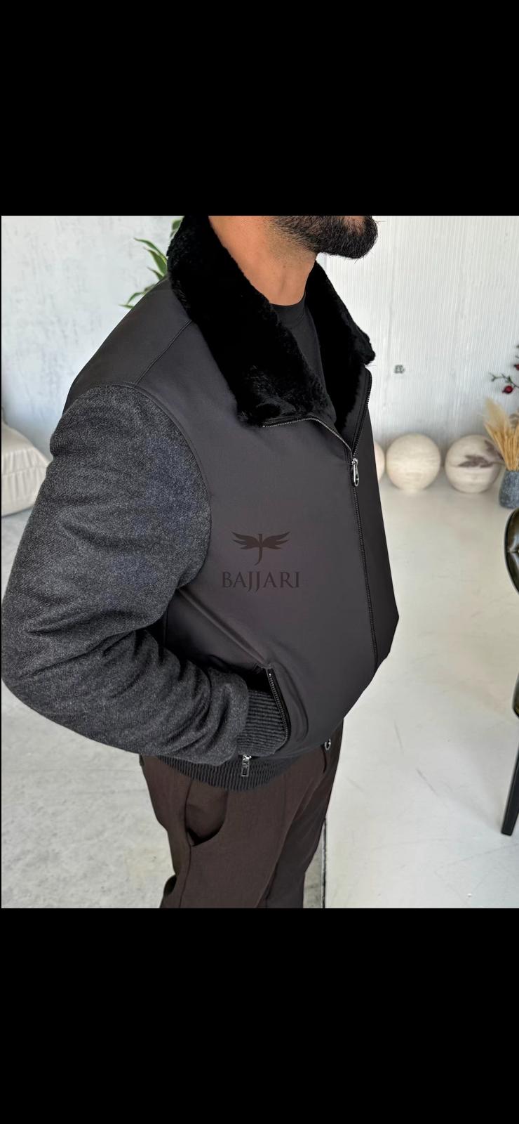 Men's Jacket with Fur Lined Interior, Knitted Fabric Sleeves and Waterproof Fabric