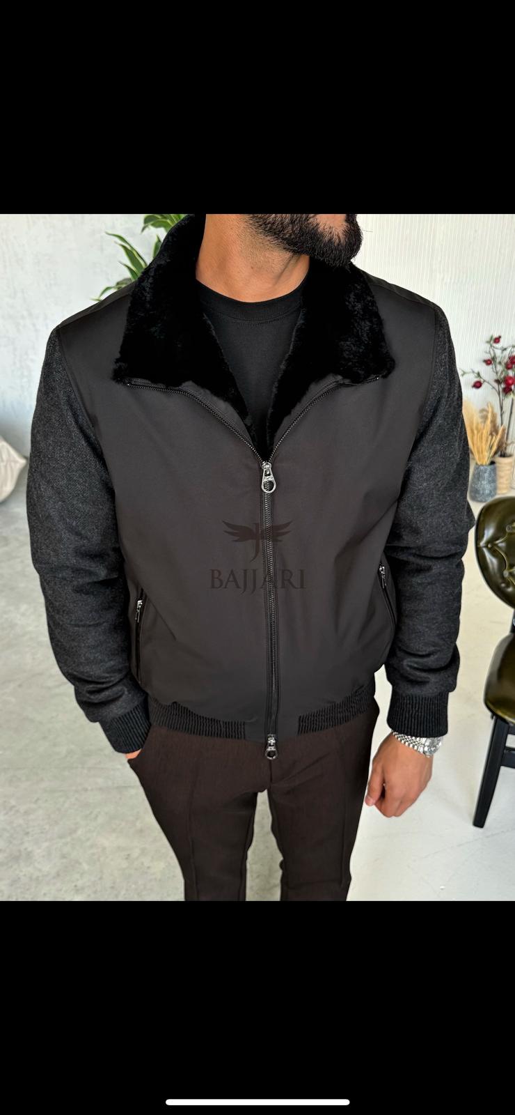 Men's Jacket with Fur Lined Interior, Knitted Fabric Sleeves and Waterproof Fabric
