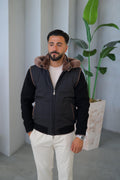 Men's Waterproof Jacket with Removable Hood, Fur Lining, and Knitted Sleeves