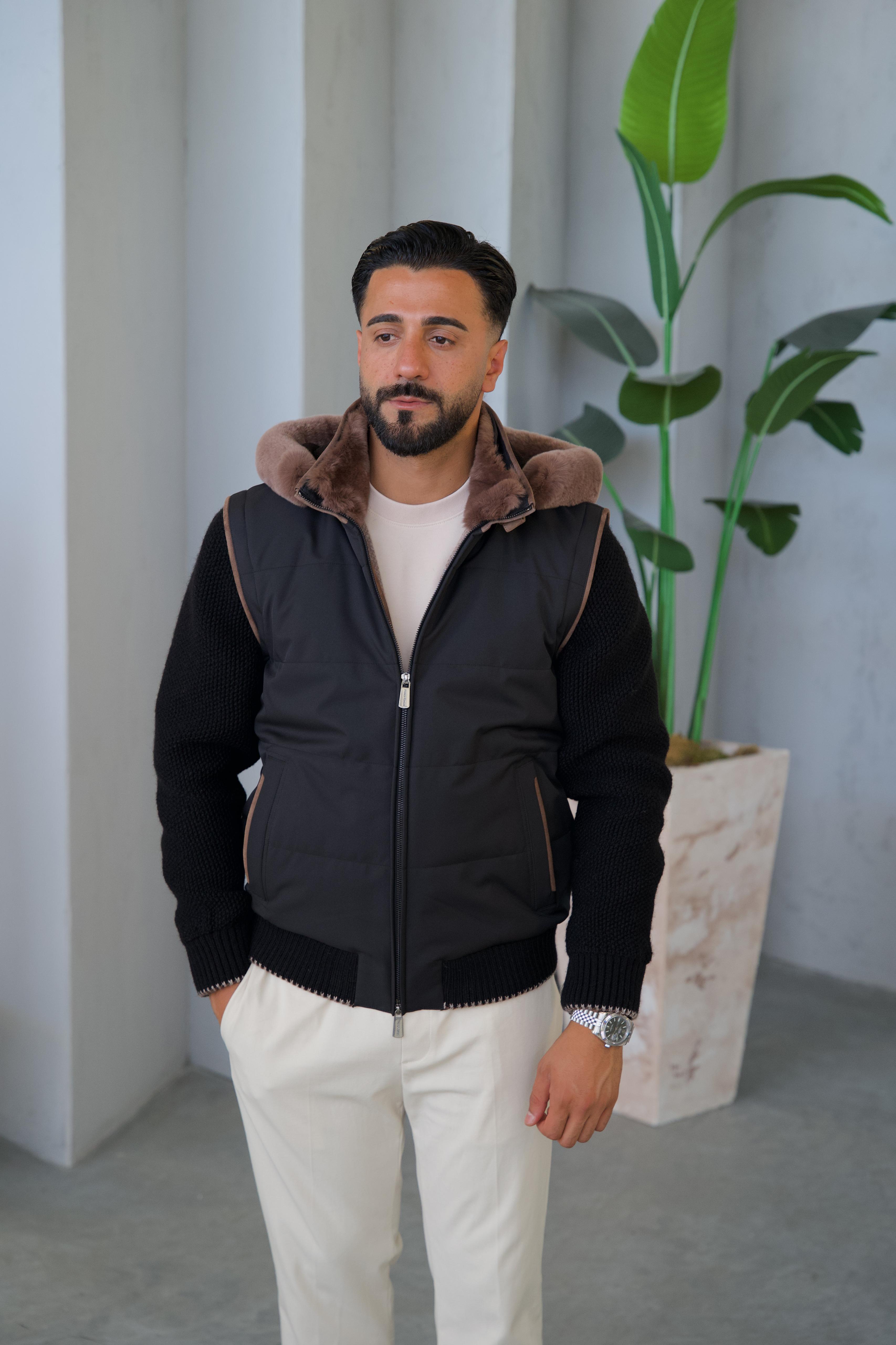 Men's Waterproof Jacket with Removable Hood, Fur Lining, and Knitted Sleeves