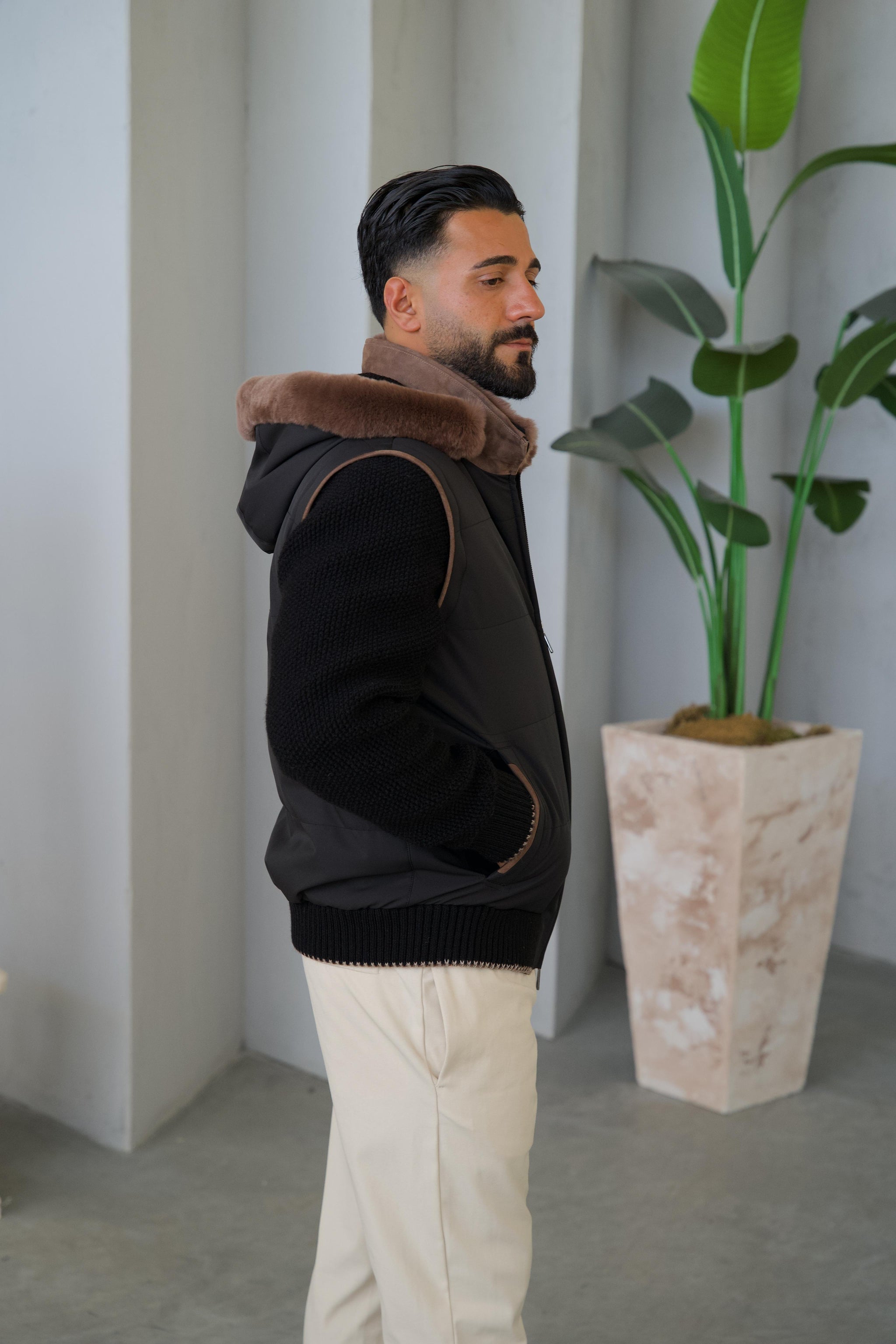 Men's Waterproof Jacket with Removable Hood, Fur Lining, and Knitted Sleeves