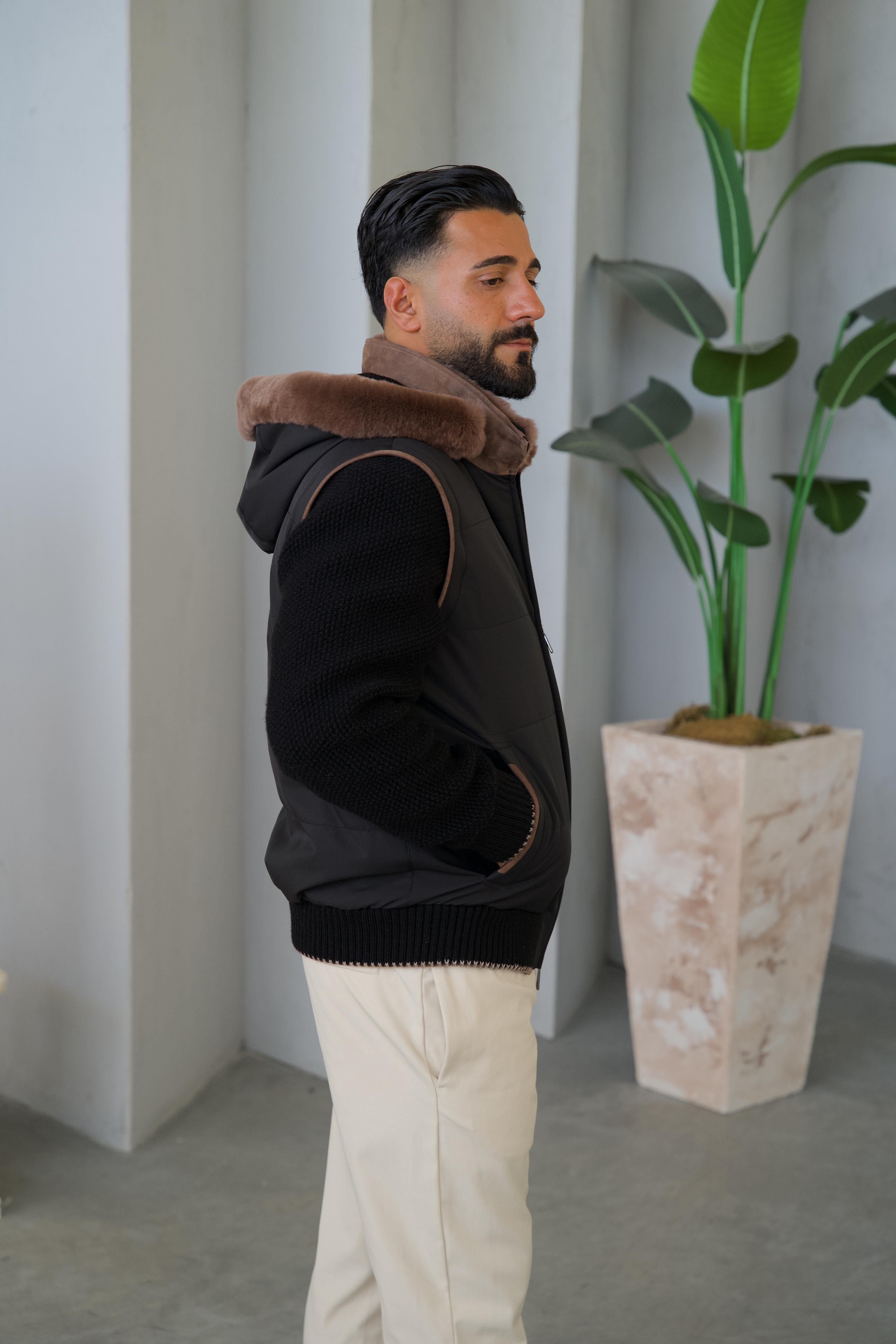 Men's Waterproof Jacket with Removable Hood, Fur Lining, and Knitted Sleeves