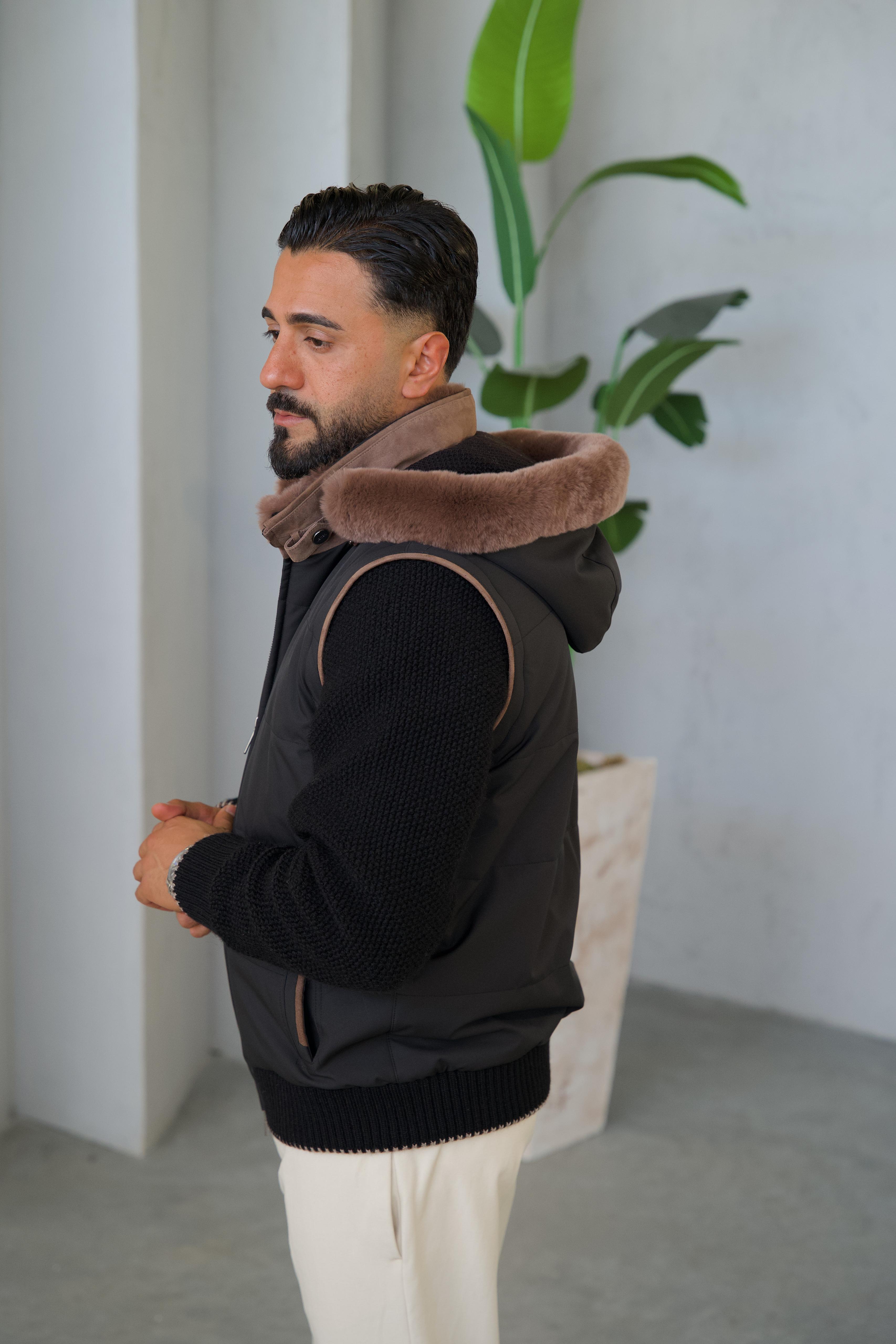 Men's Waterproof Jacket with Removable Hood, Fur Lining, and Knitted Sleeves