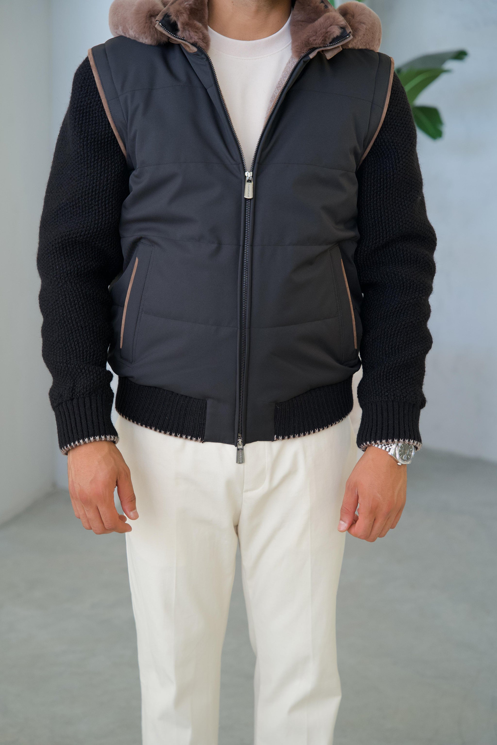 Men's Waterproof Jacket with Removable Hood, Fur Lining, and Knitted Sleeves
