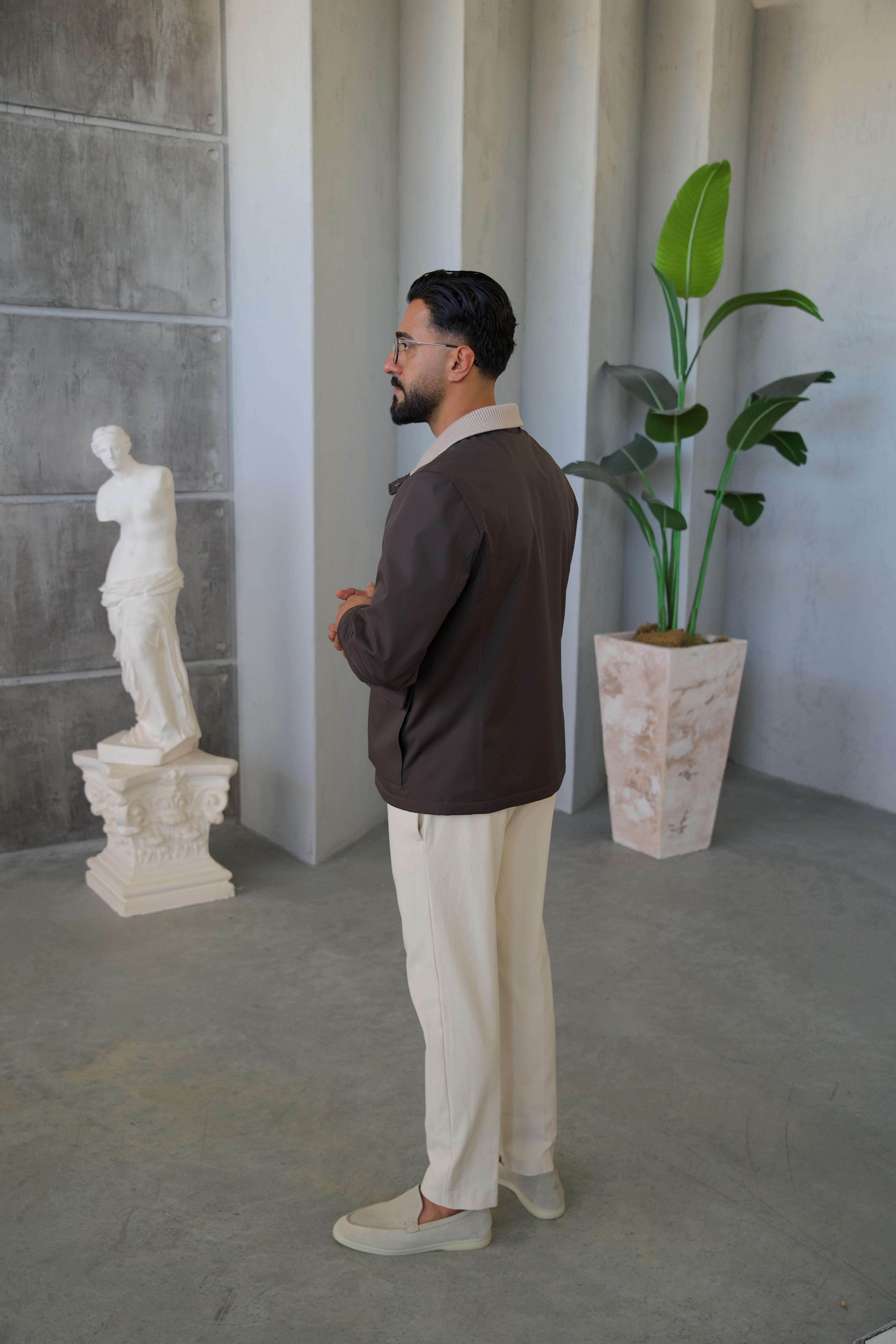 Men's Jacket with Double Pockets and Knitted Collar