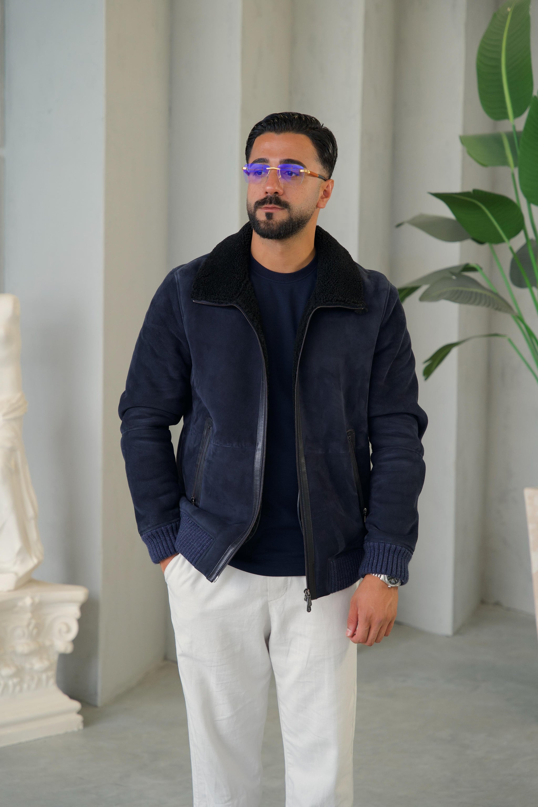 Men's Fur Jacket with Sheepskin and Knit Details