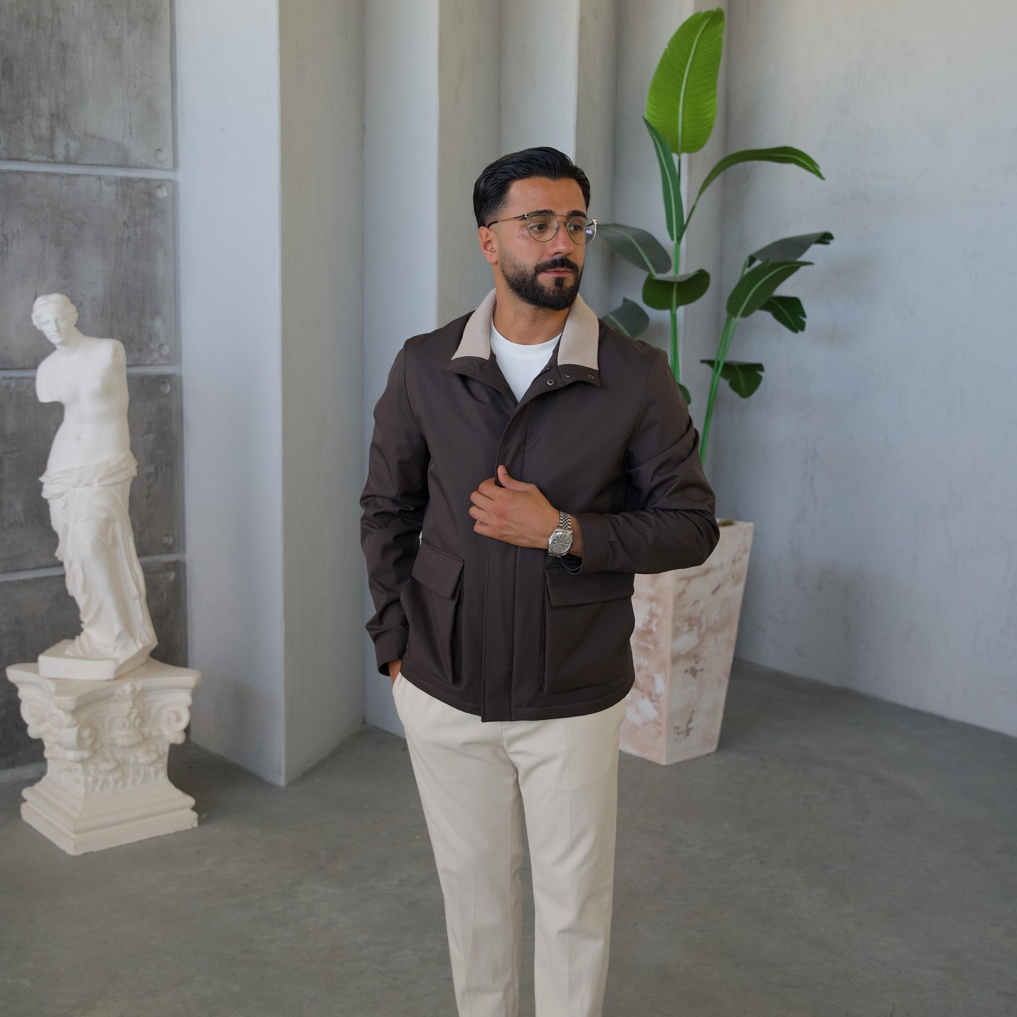 Men's Jacket with Double Pockets and Knitted Collar