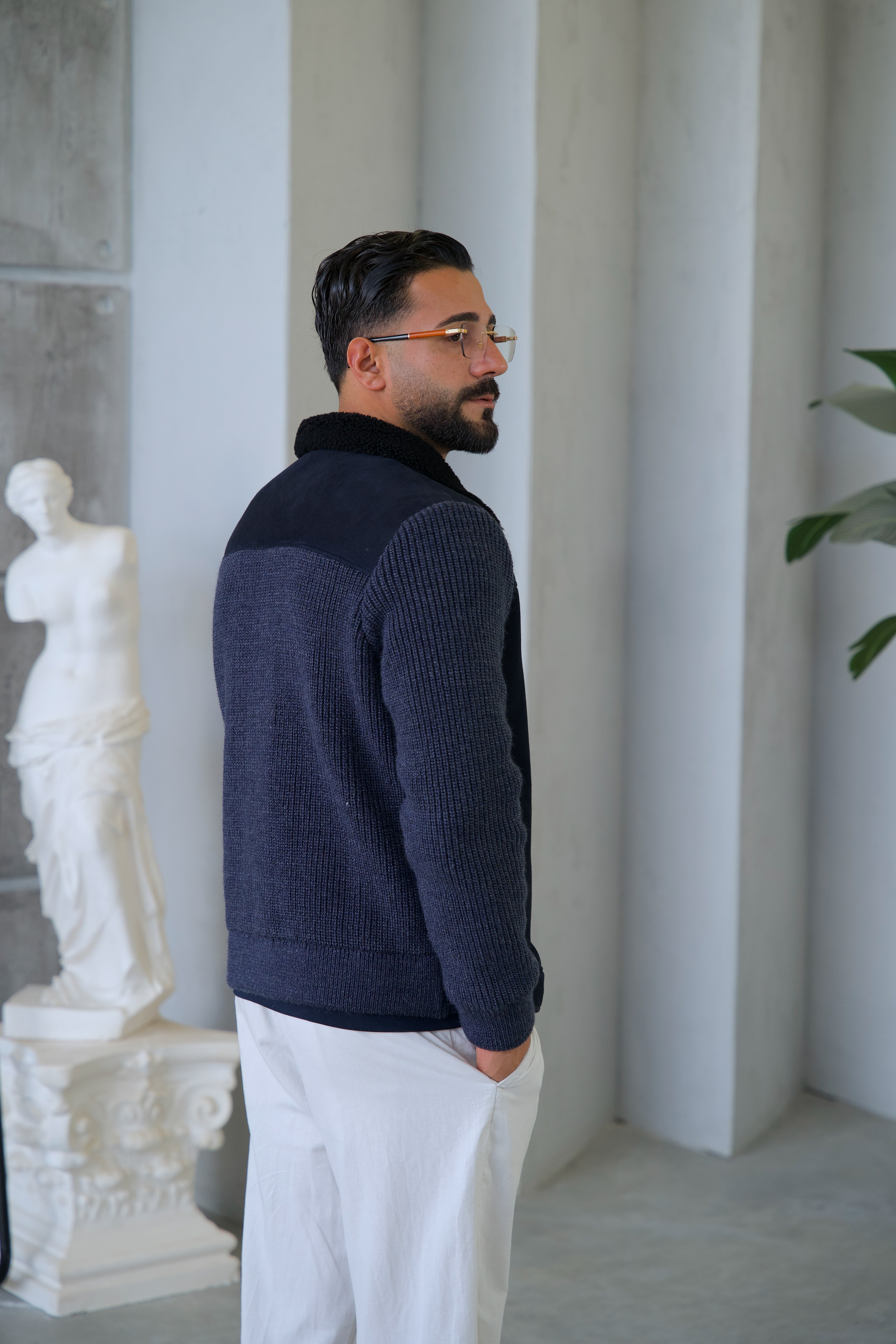 Suede Leather and Knit Fabric Lining Sheep Fur Men's Jacket