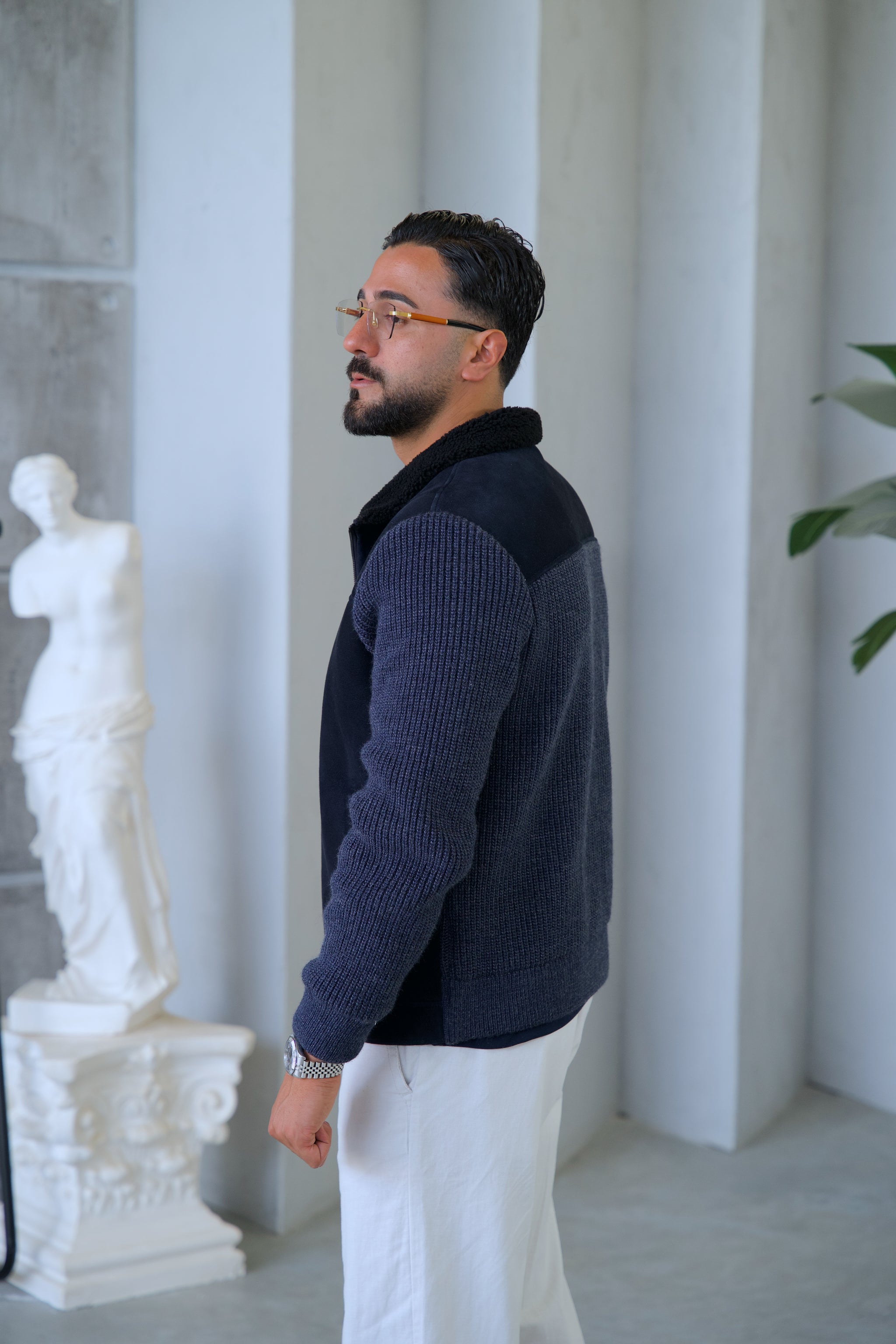 Suede Leather and Knit Fabric Lining Sheep Fur Men's Jacket