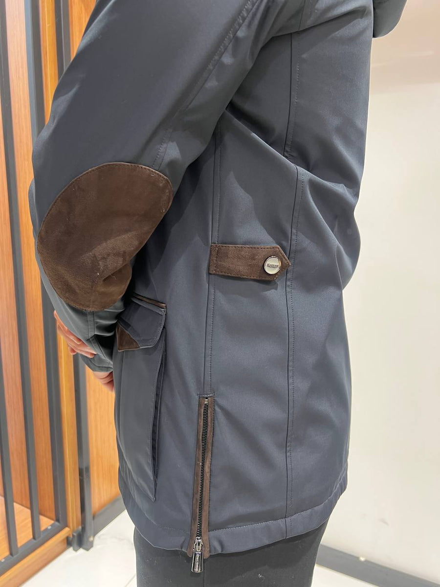 Men’s Jacket with Detachable Rabbit Fur Hood and Suede Details M-900