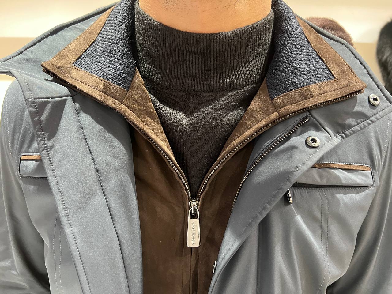 Men’s Jacket with Detachable Rabbit Fur Hood and Suede Details M-900