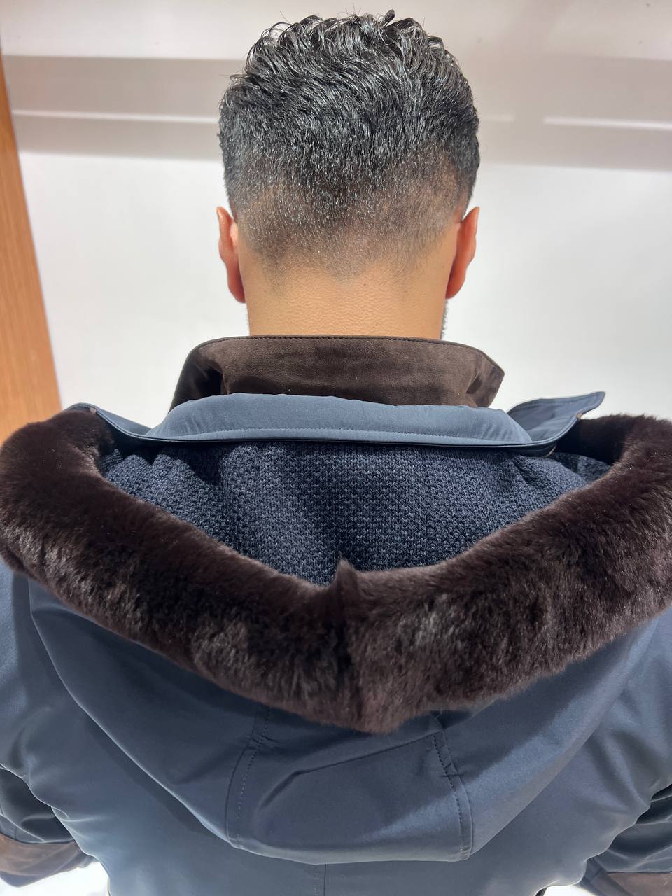 Men’s Jacket with Detachable Rabbit Fur Hood and Suede Details M-900