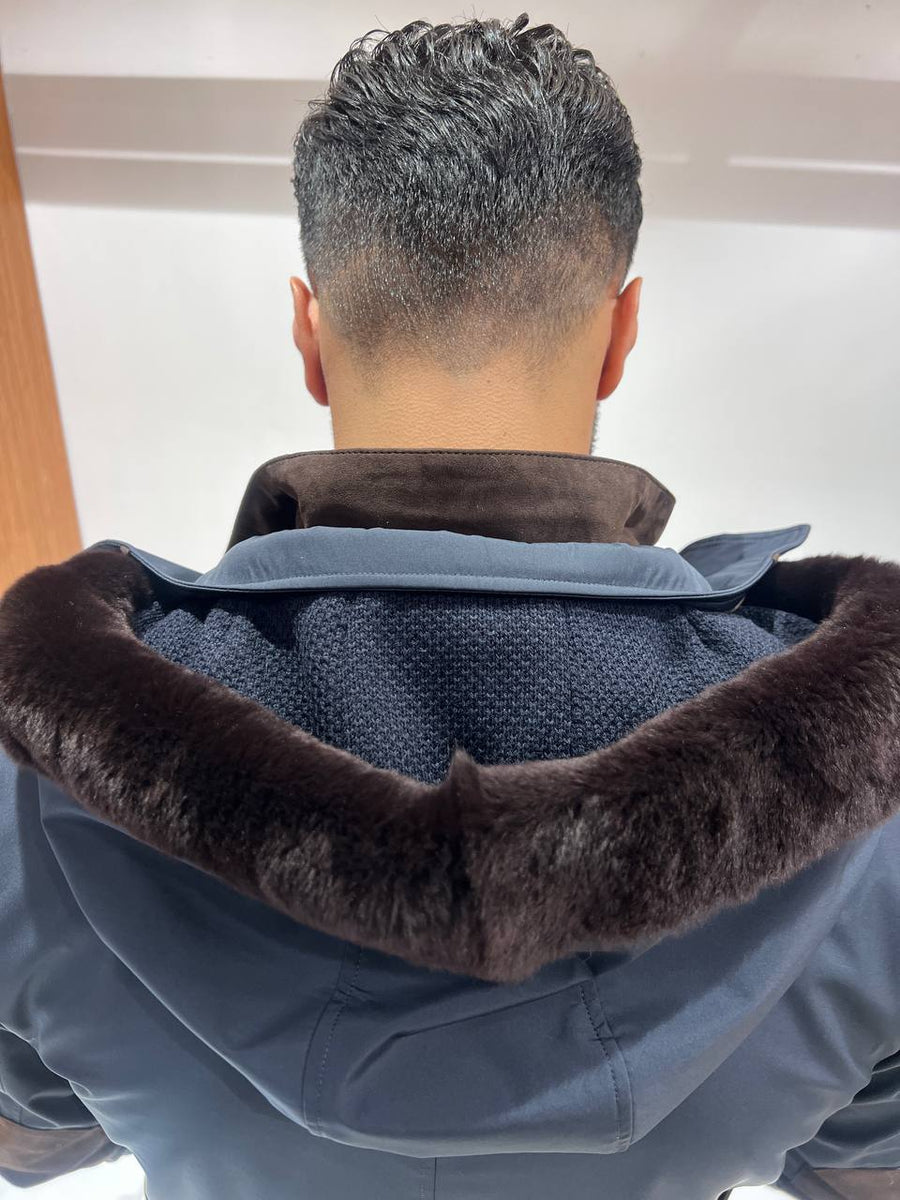 Men’s Jacket with Detachable Rabbit Fur Hood and Suede Details M-900