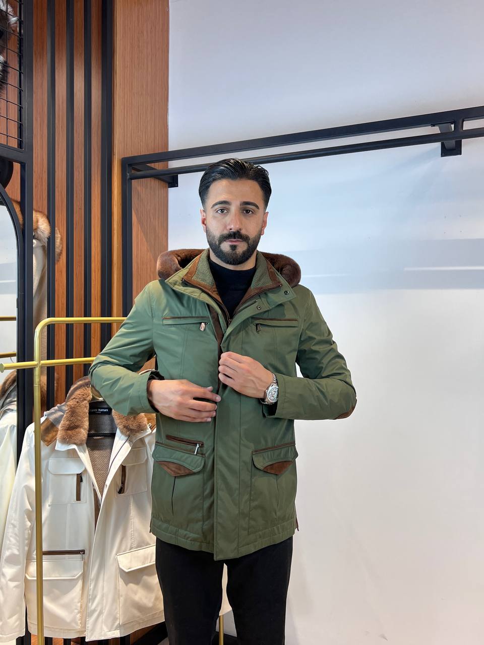 Men’s Jacket with Detachable Rabbit Fur Hood and Suede Details M-900