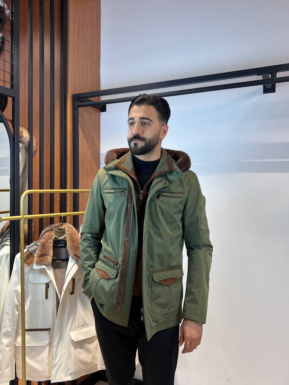 Men’s Jacket with Detachable Rabbit Fur Hood and Suede Details M-900