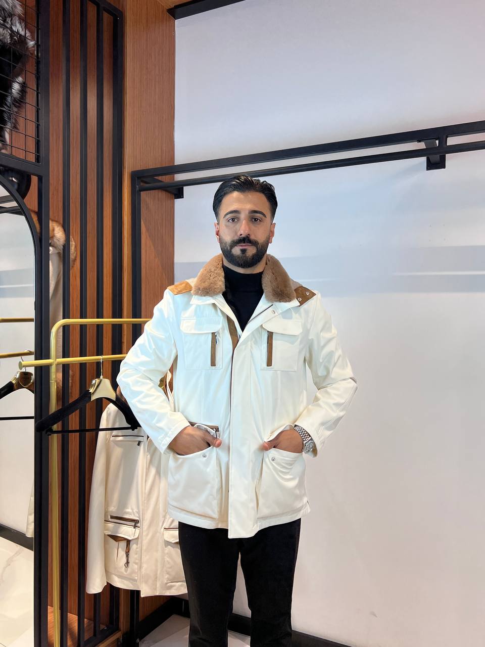 Men’s Jacket with Detachable Rabbit Fur Hood and Suede Details M-900