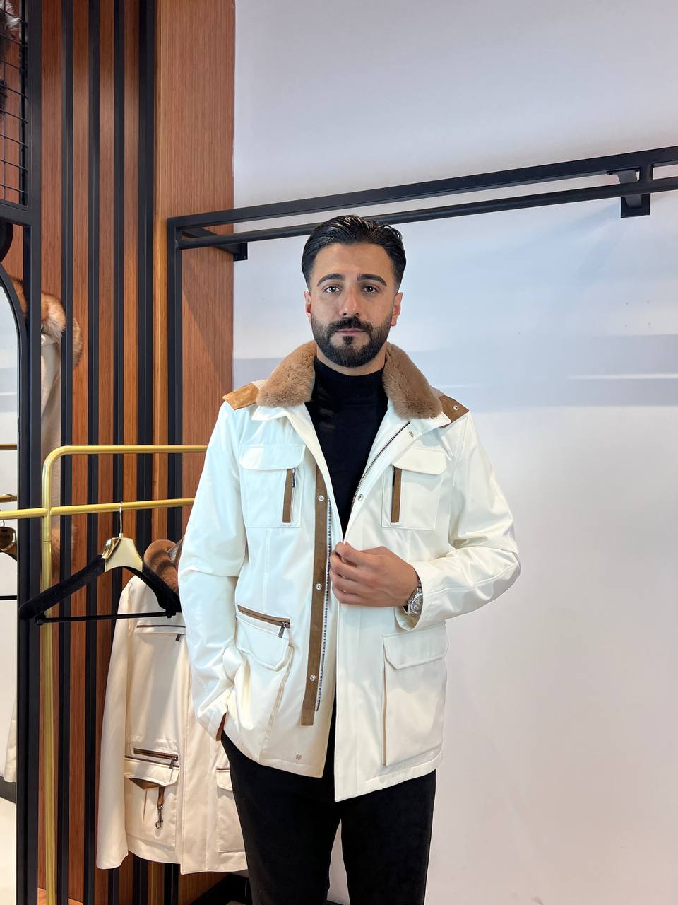 Men’s Jacket with Detachable Rabbit Fur Hood and Suede Details M-900