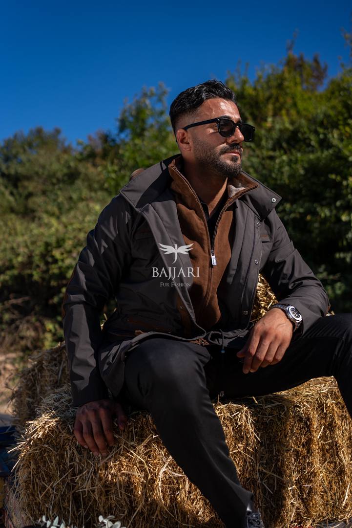Men’s Jacket with Detachable Rabbit Fur Hood and Suede Details M-900