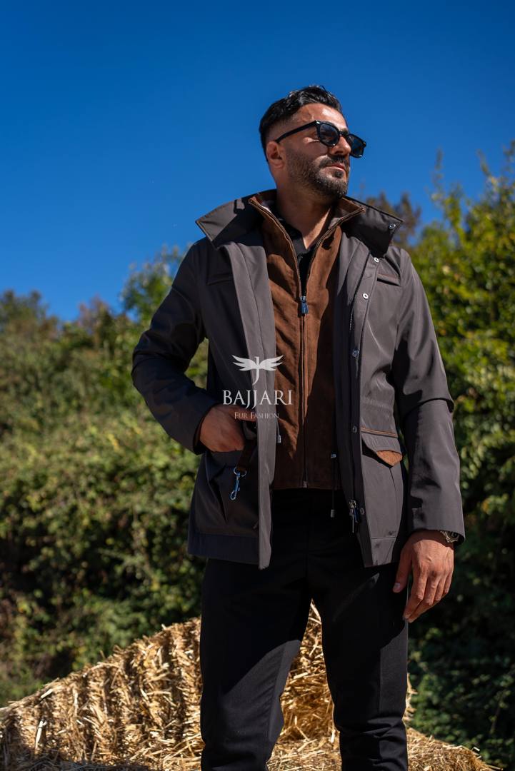 Men’s Jacket with Detachable Rabbit Fur Hood and Suede Details M-900