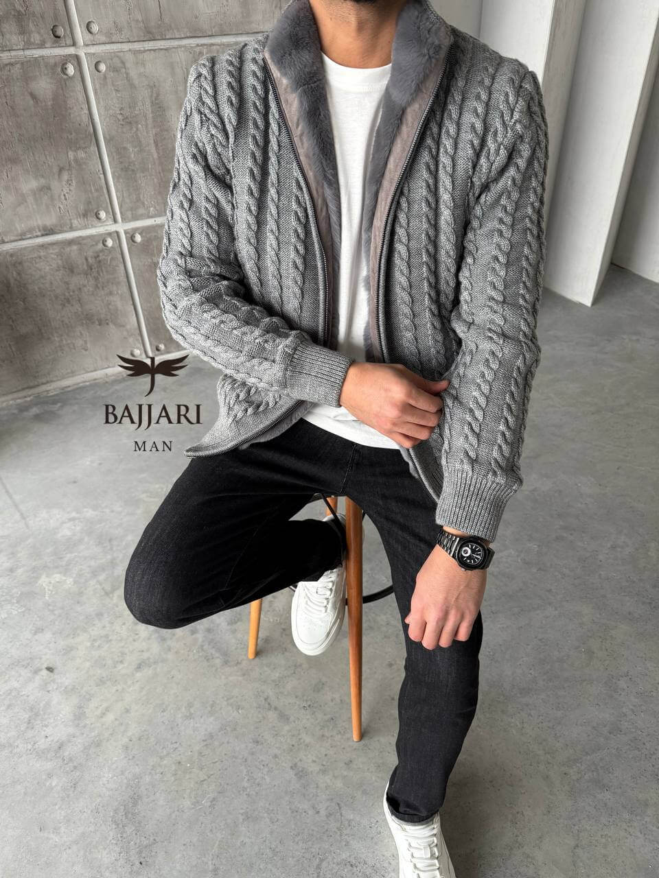 Cashmere Knit &amp; Rabbit Fur Men’s Jacket