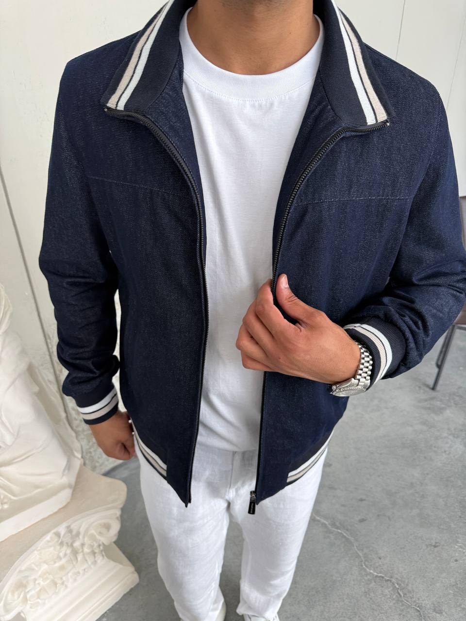 Lightweight Denim Jacket with Stripe Details