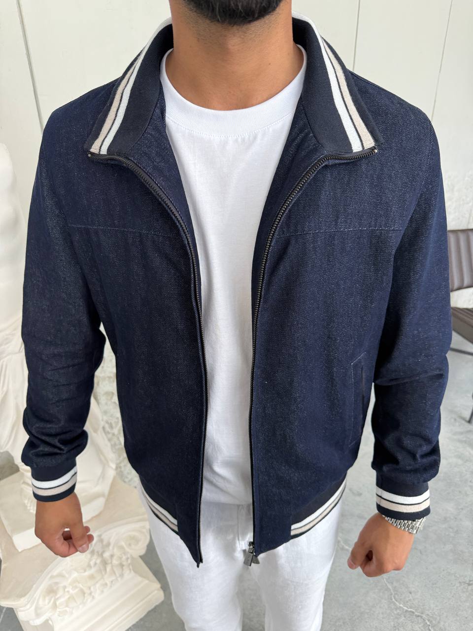 Lightweight Denim Jacket with Stripe Details