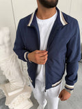 Navy Blue Lightweight Bomber Jacket with Windbreaker Detail